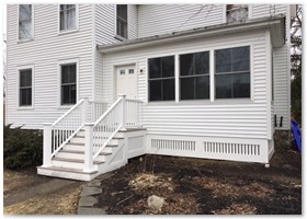 SCREEN AND SUNROOM - We finished the exterior of the porch with white match vinyl siding, a 5 x 5 Azek landing, white Azek railings with white 1 x 3 pvc skirting